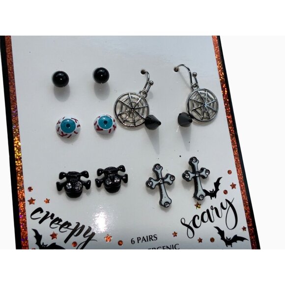 Halloween Stud Earrings Cross Spider Eyes Spider web 6 Pairs - Picture 1 of 8